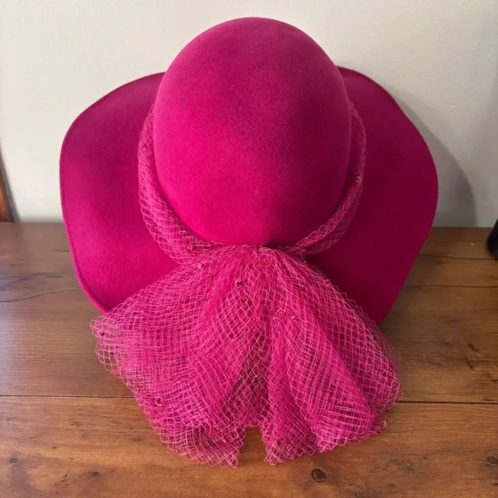 Vintage Mr Kurt Original Hot Pink 100% Wool Wide Brim Hat Excello Veil USA Made